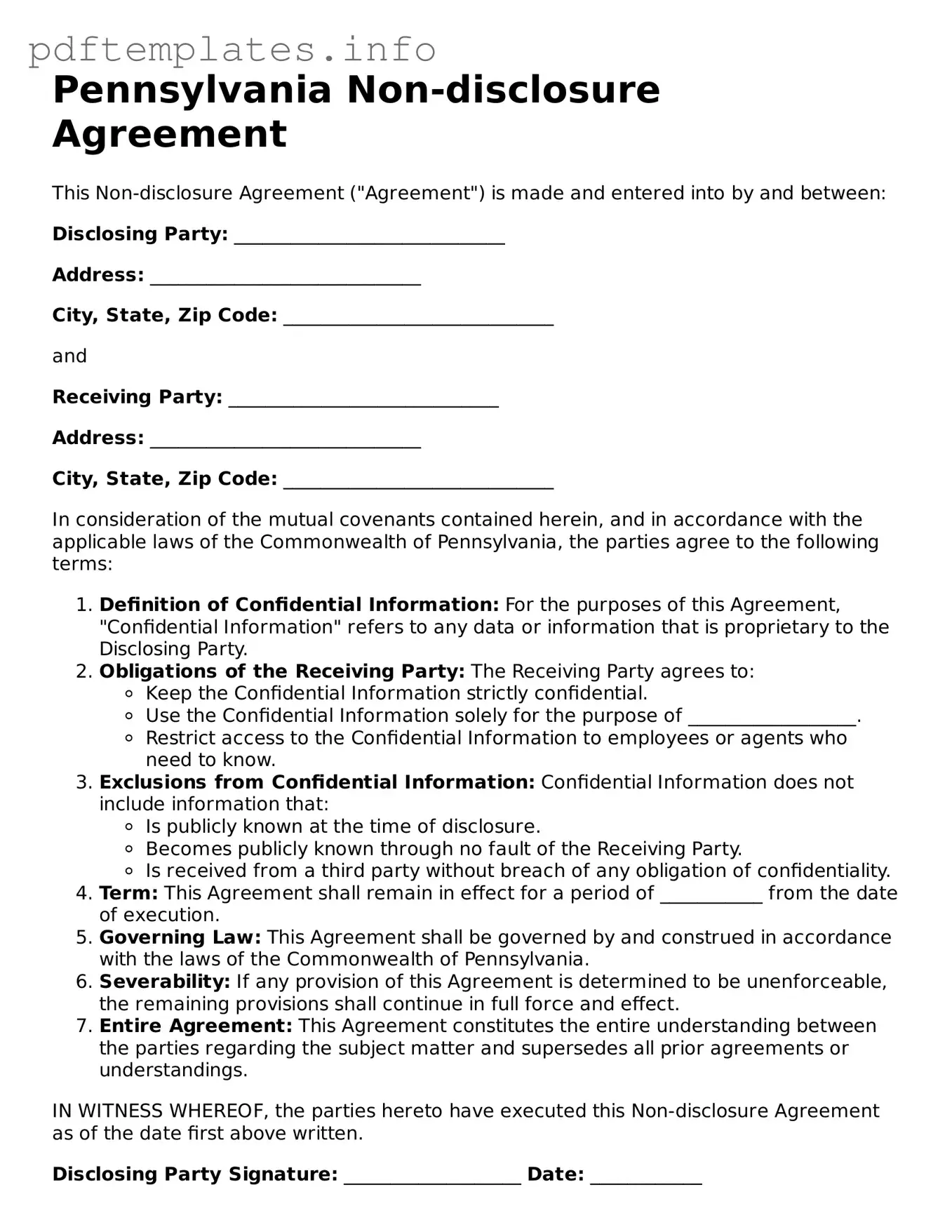 Blank Non-disclosure Agreement Form for Pennsylvania State