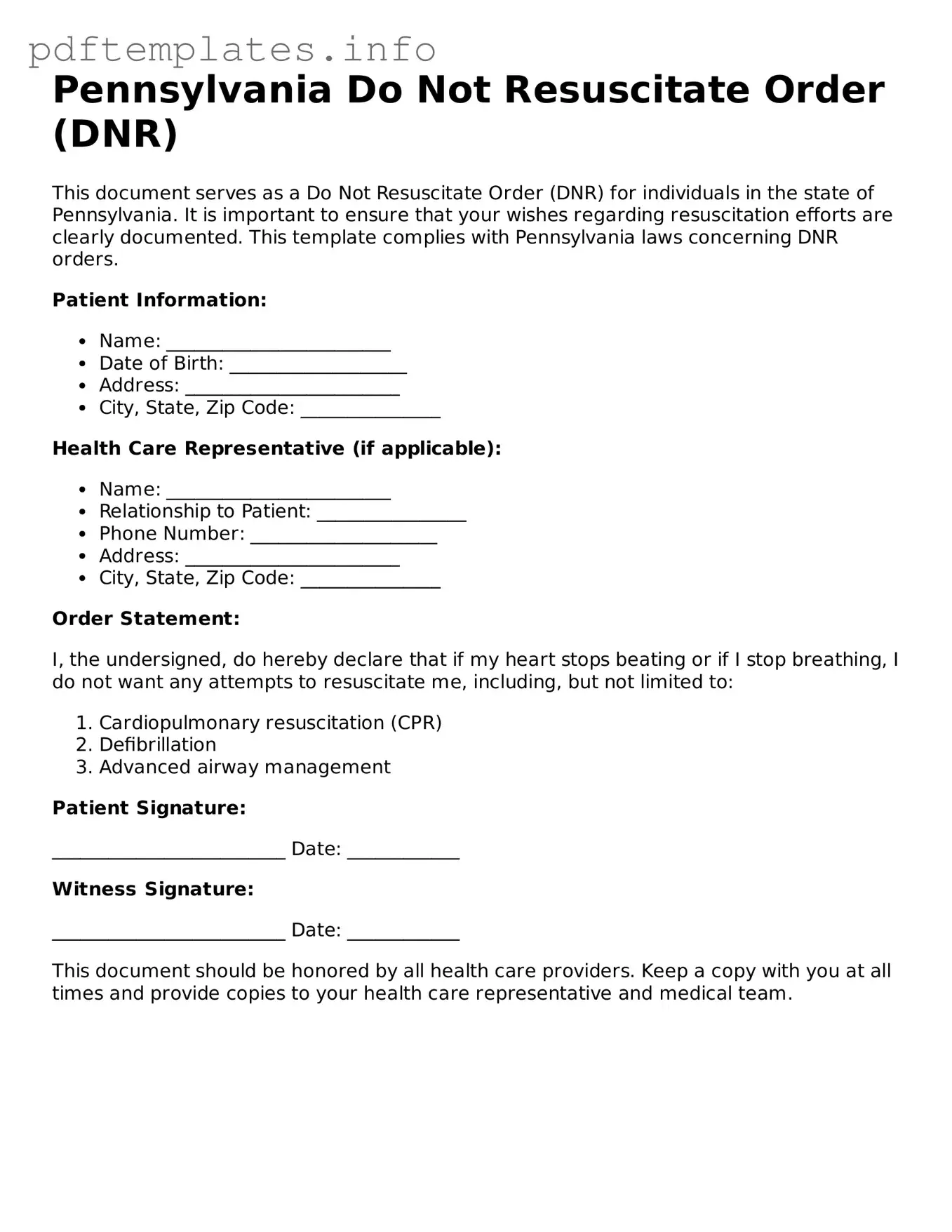 Blank Do Not Resuscitate Order Form for Pennsylvania State