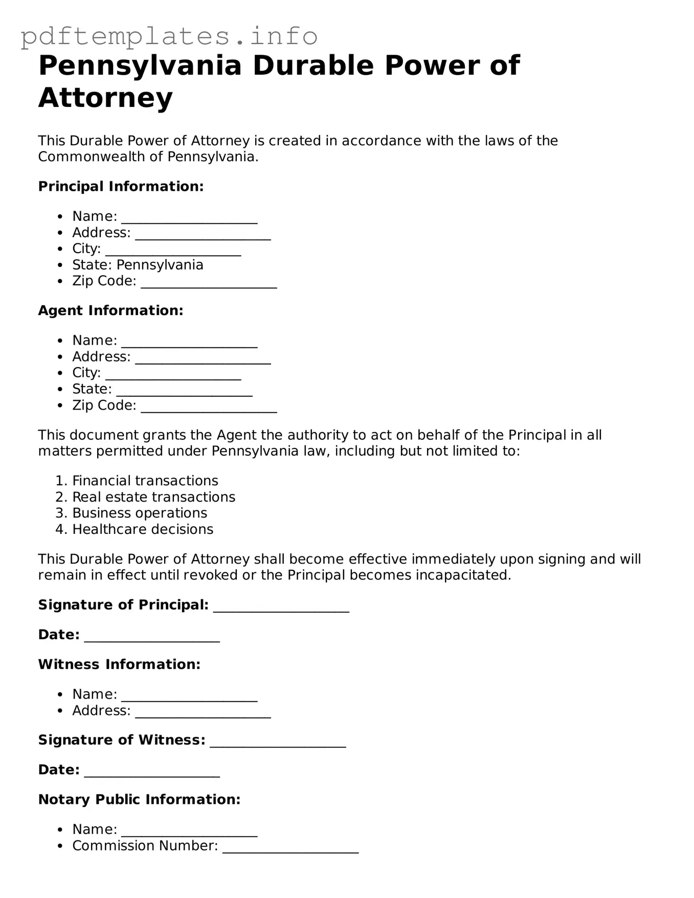Blank Durable Power of Attorney Form for Pennsylvania State