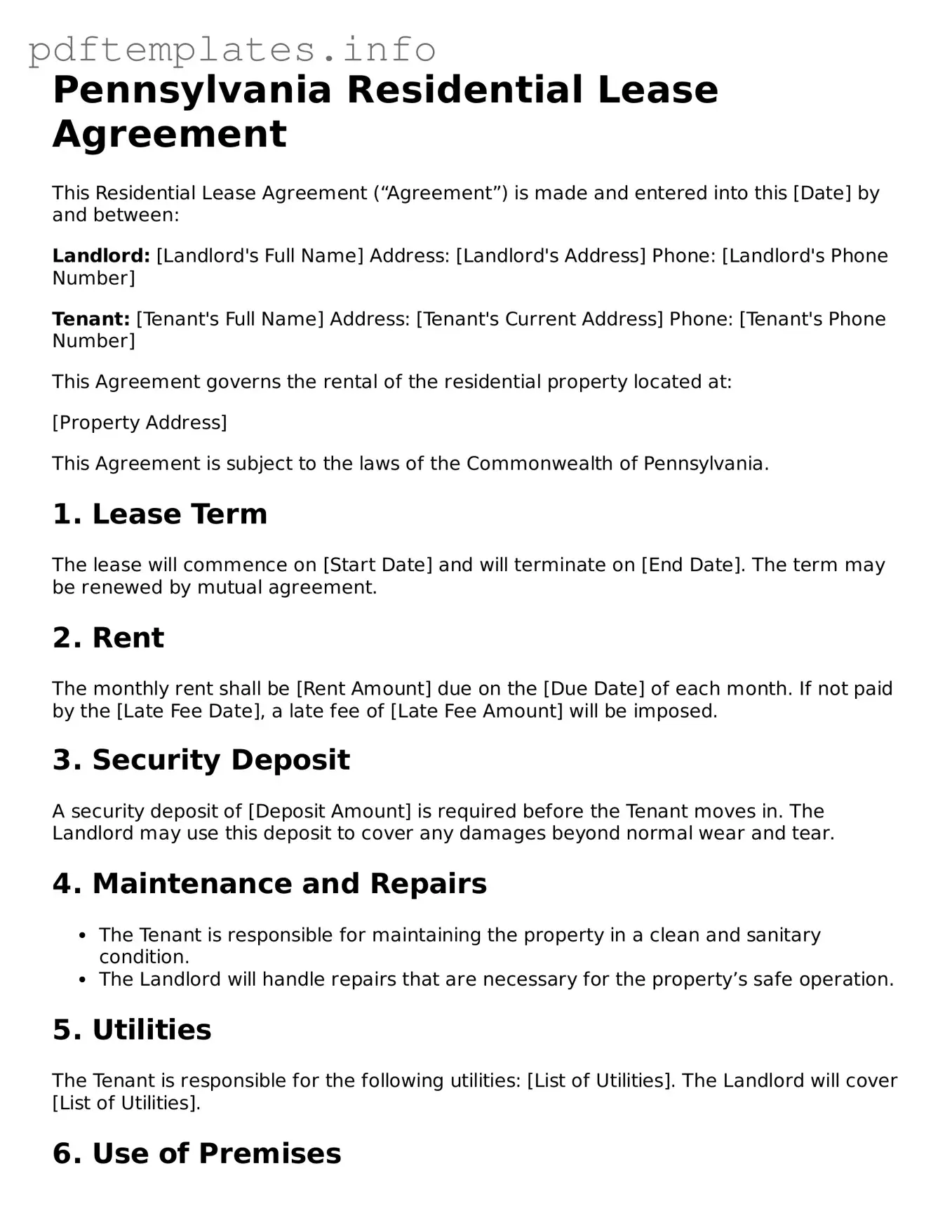 Blank Residential Lease Agreement Form for Pennsylvania State