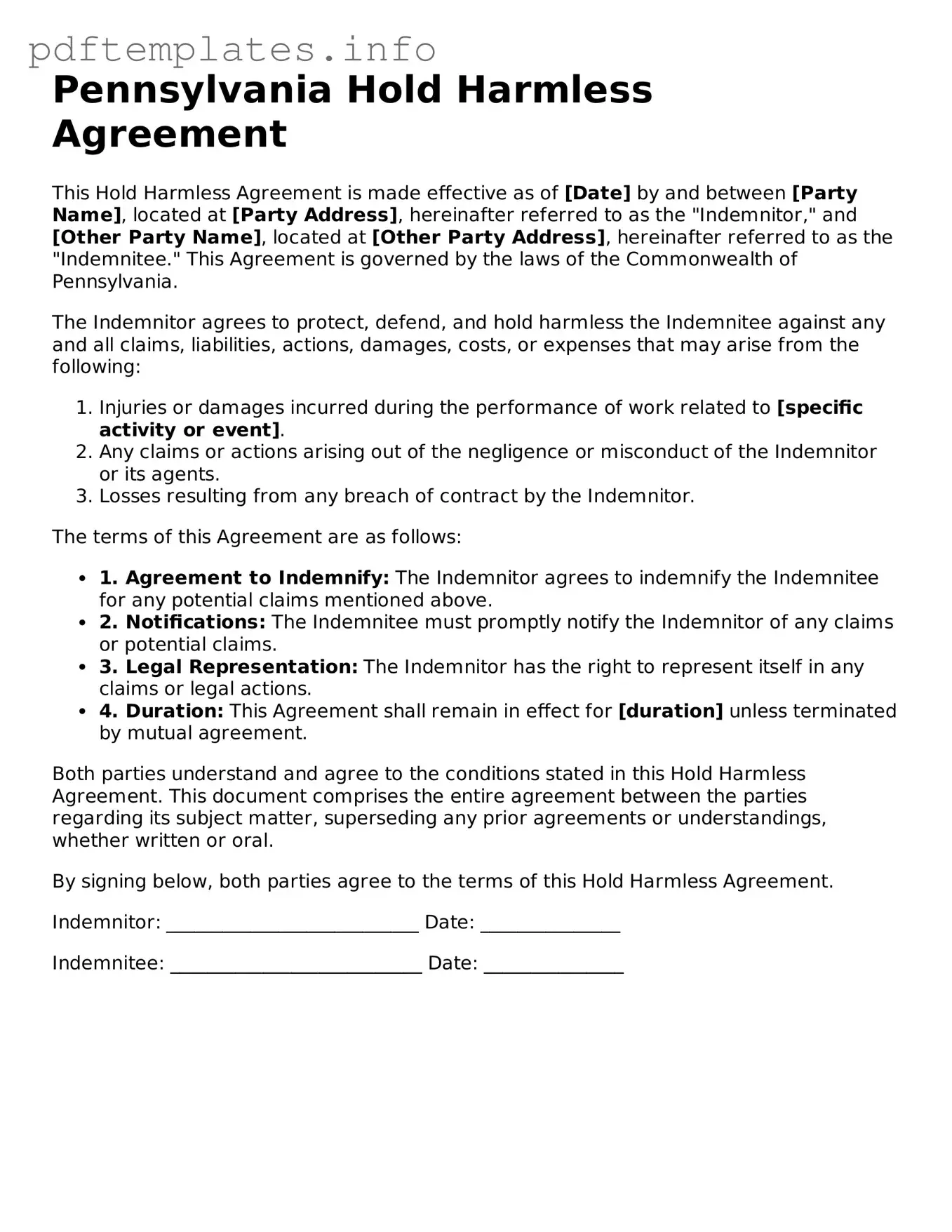 Blank Hold Harmless Agreement Form for Pennsylvania State