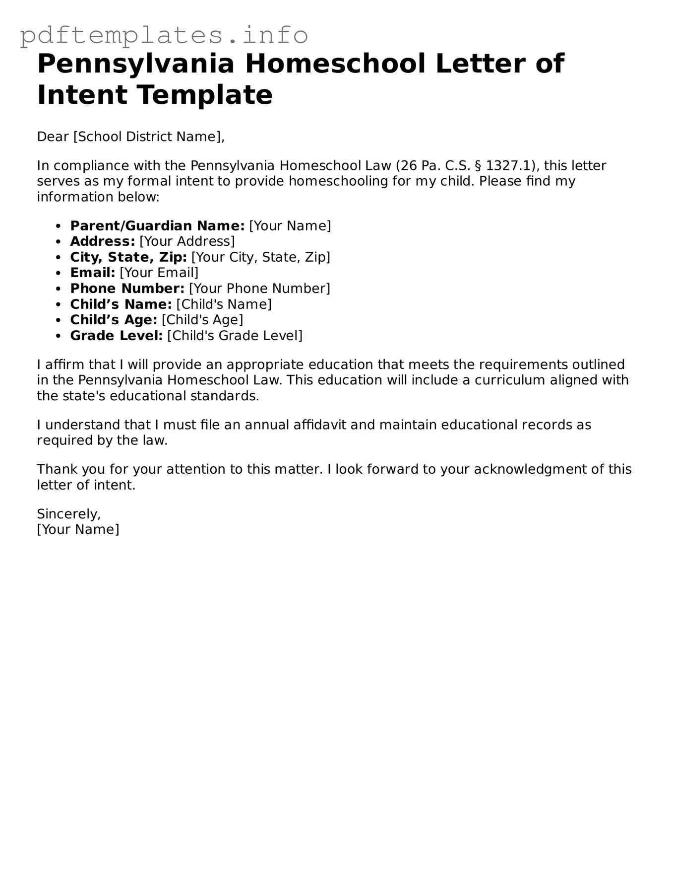 Blank Homeschool Letter of Intent Form for Pennsylvania State