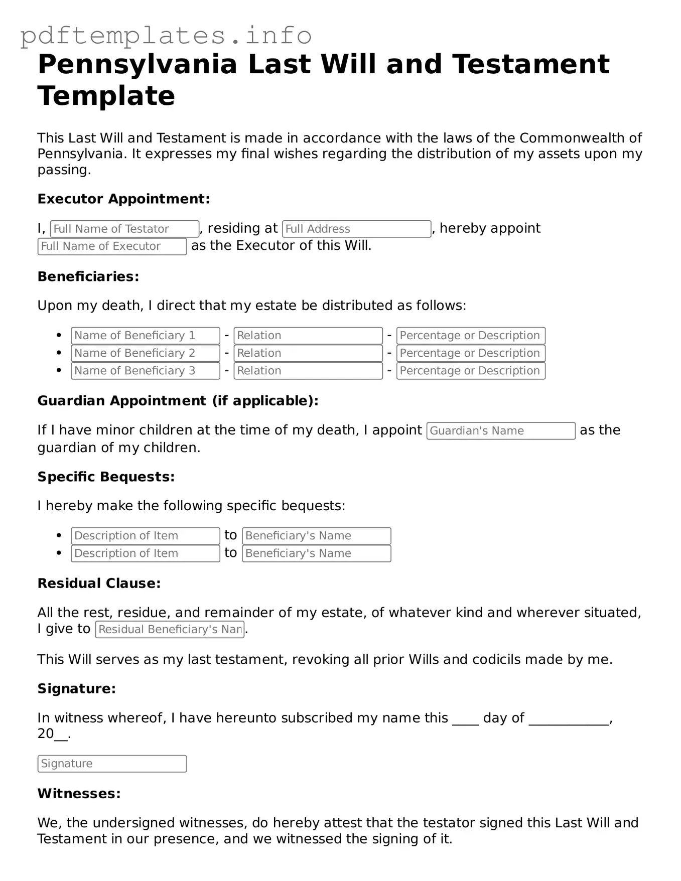 Blank Last Will and Testament Form for Pennsylvania State