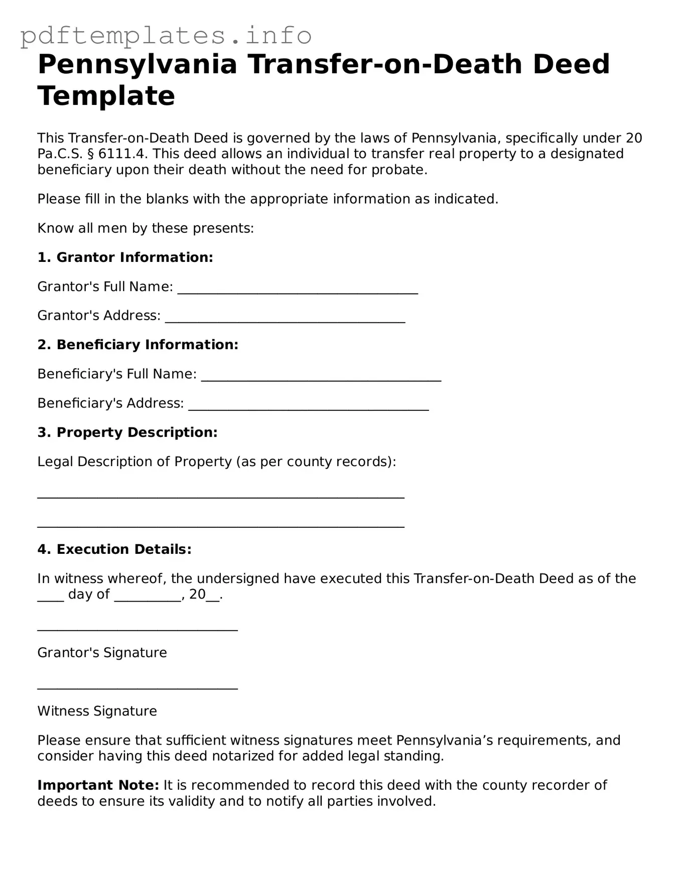 Blank Transfer-on-Death Deed Form for Pennsylvania State
