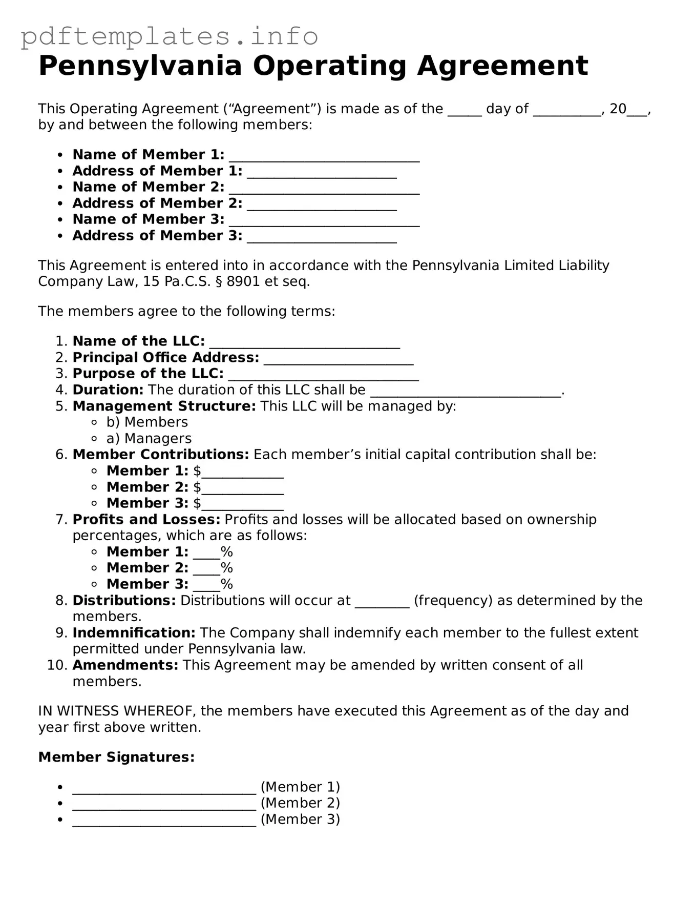 Blank Operating Agreement Form for Pennsylvania State