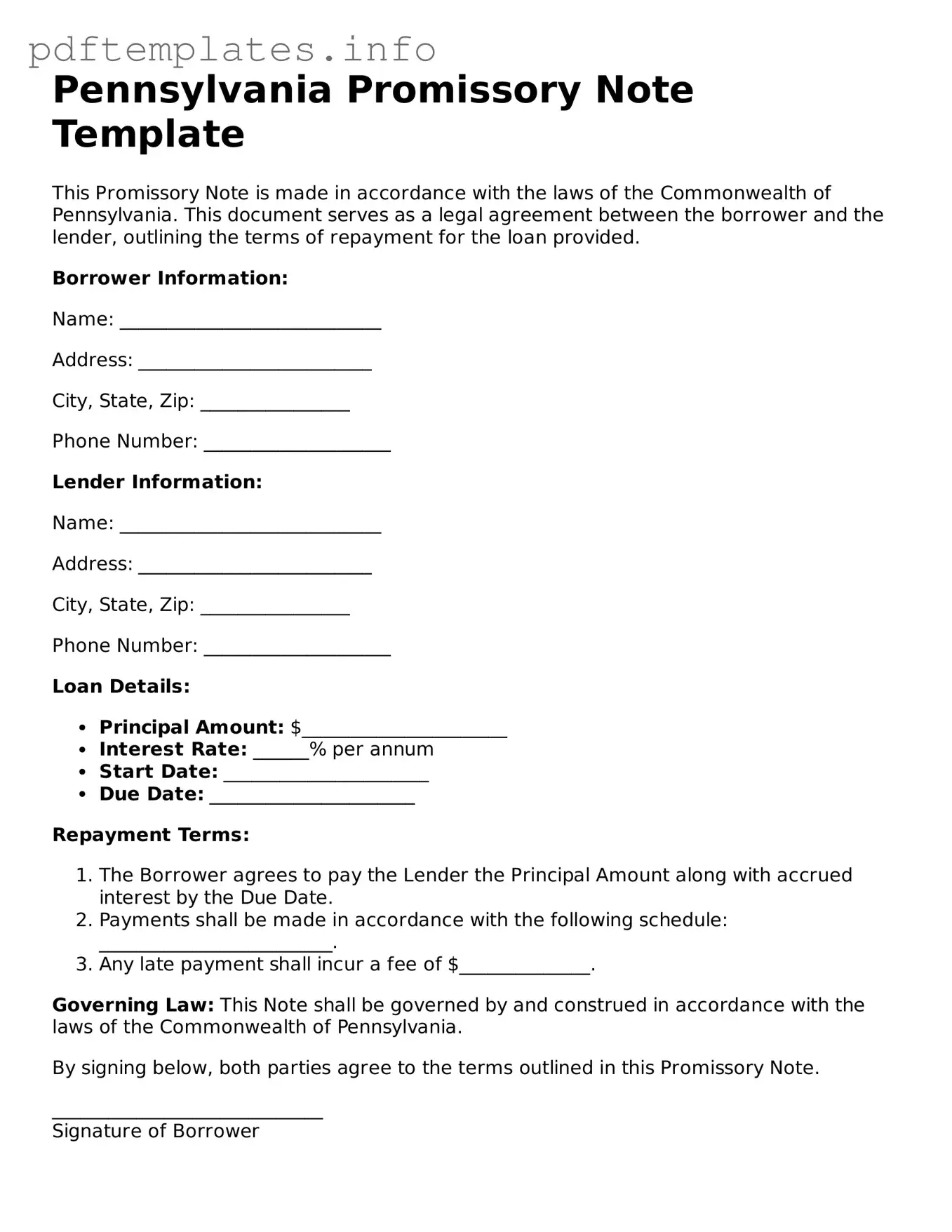 Blank Promissory Note Form for Pennsylvania State