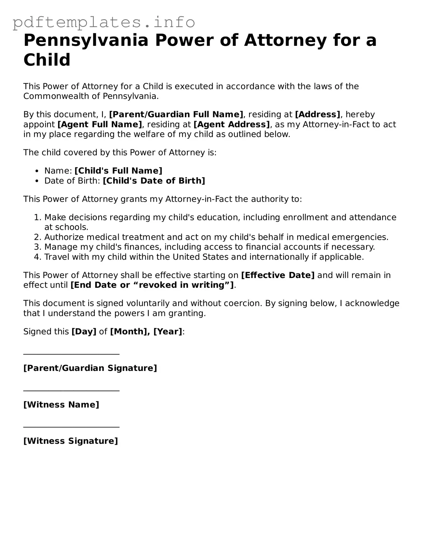 Blank Power of Attorney for a Child Form for Pennsylvania State