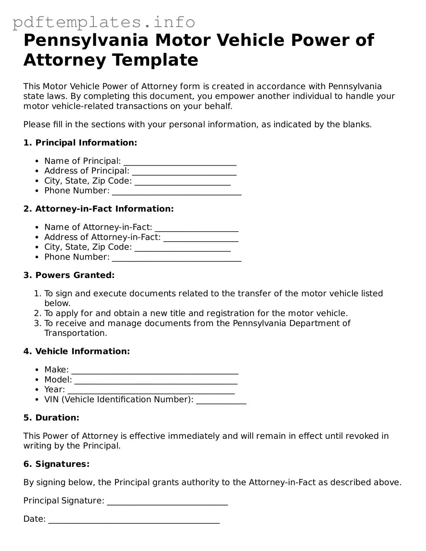 Blank Motor Vehicle Power of Attorney Form for Pennsylvania State