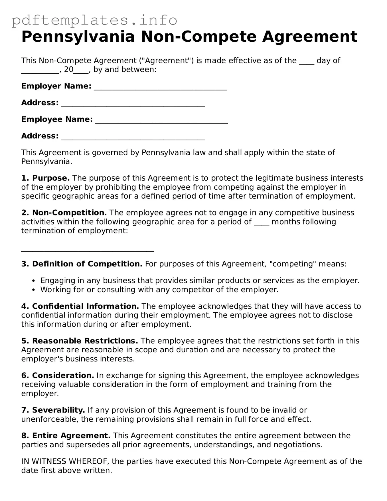 Blank Non-compete Agreement Form for Pennsylvania State