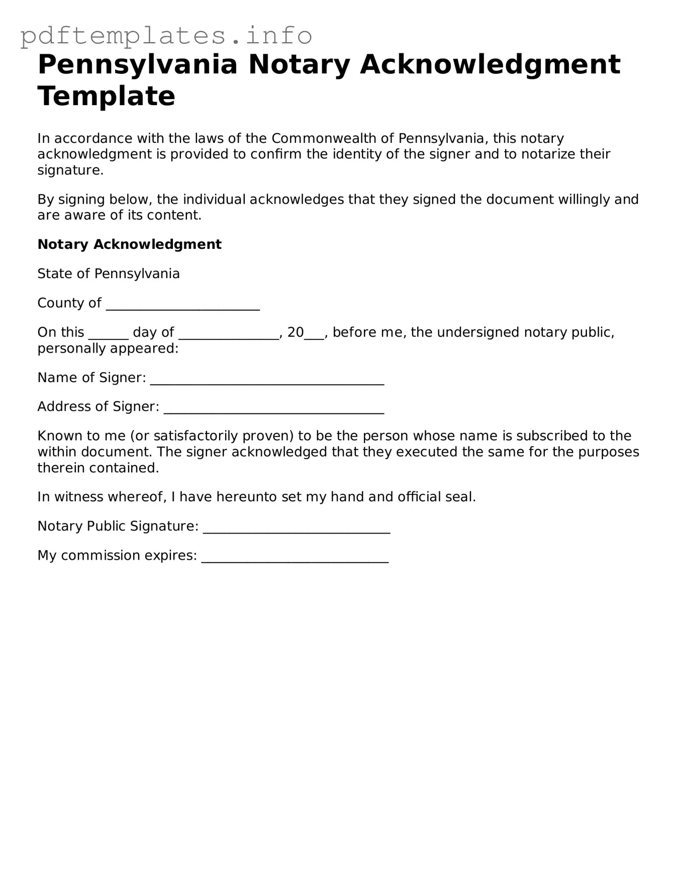 Blank Notary Acknowledgement Form for Pennsylvania State