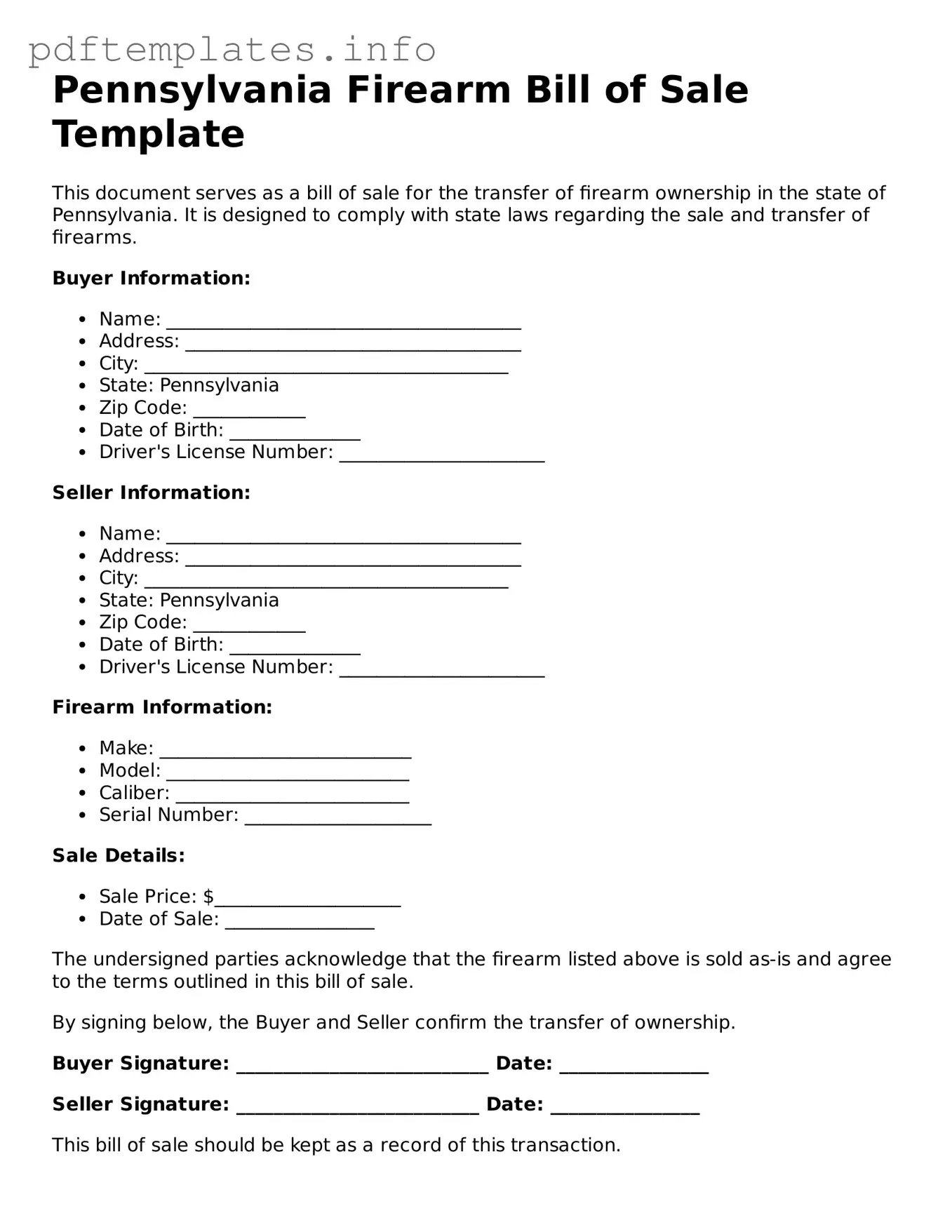 Blank Firearm Bill of Sale Form for Pennsylvania State