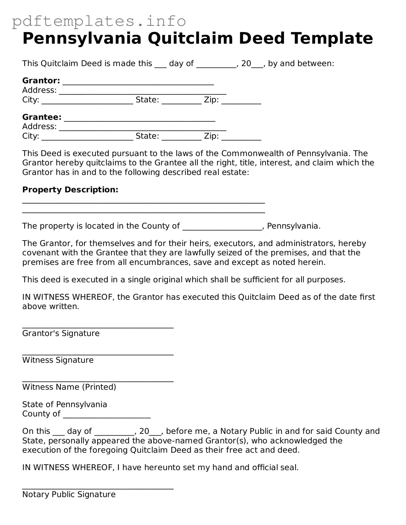 Blank Quitclaim Deed Form for Pennsylvania State