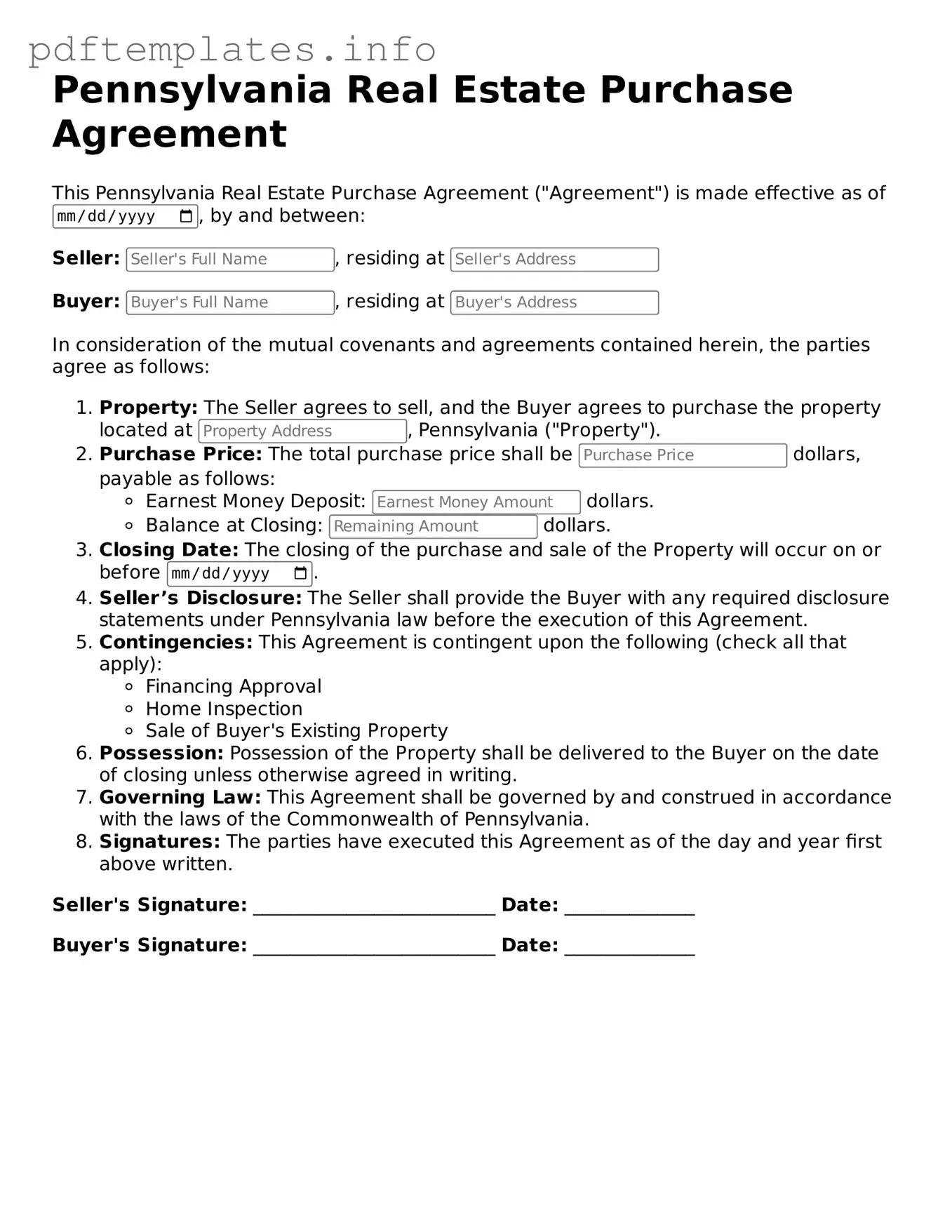 Blank Real Estate Purchase Agreement Form for Pennsylvania State