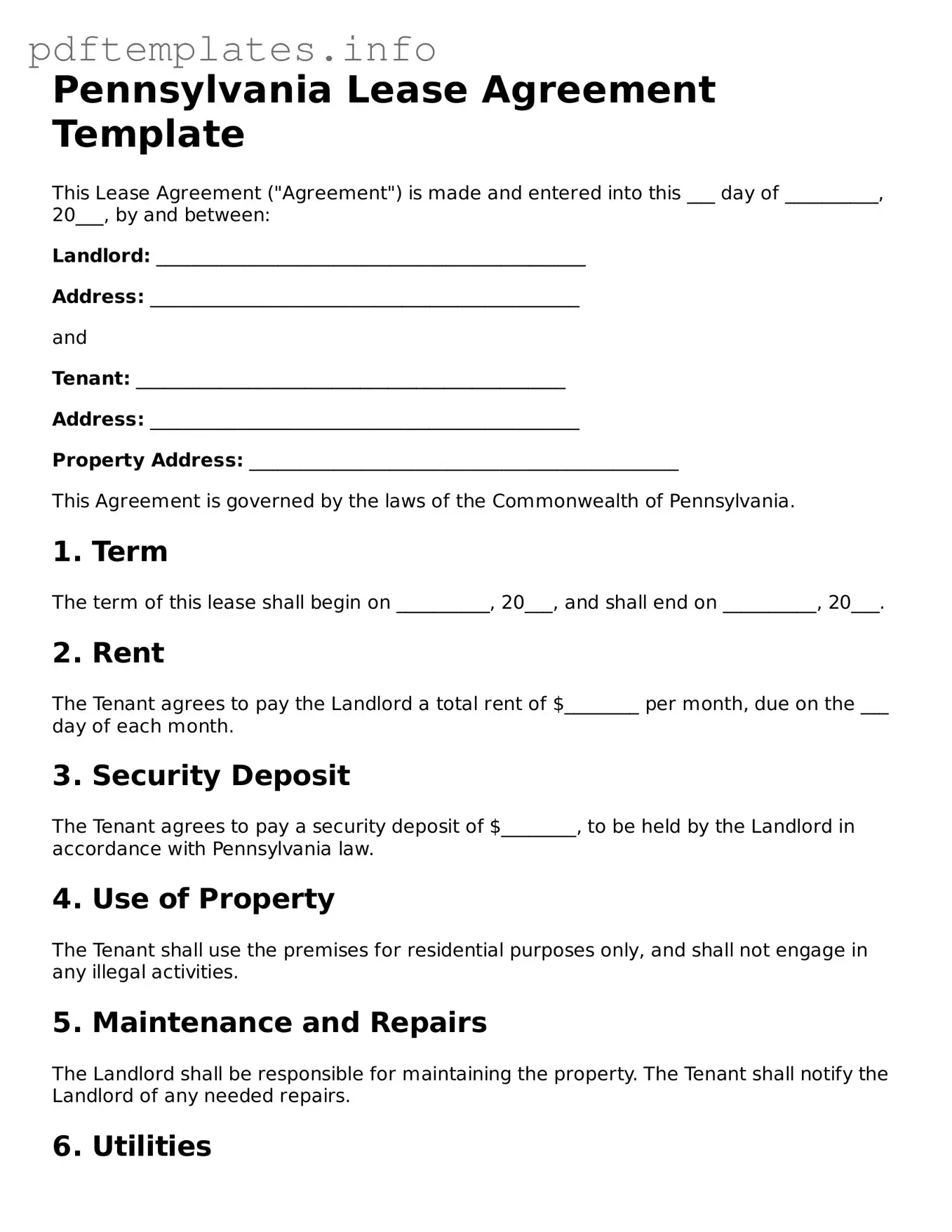 Blank Lease Agreement Form for Pennsylvania State