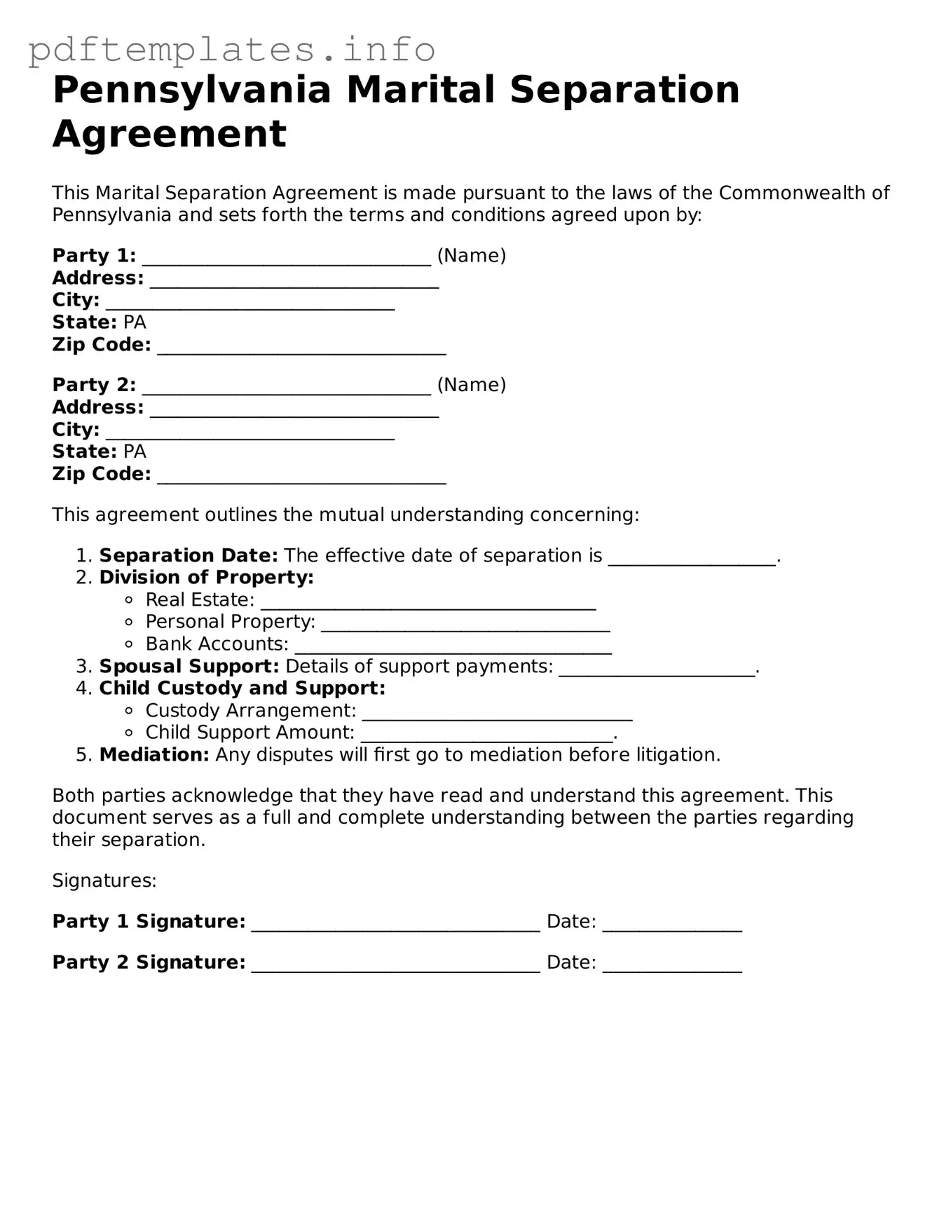 Blank Marital Separation Agreement Form for Pennsylvania State