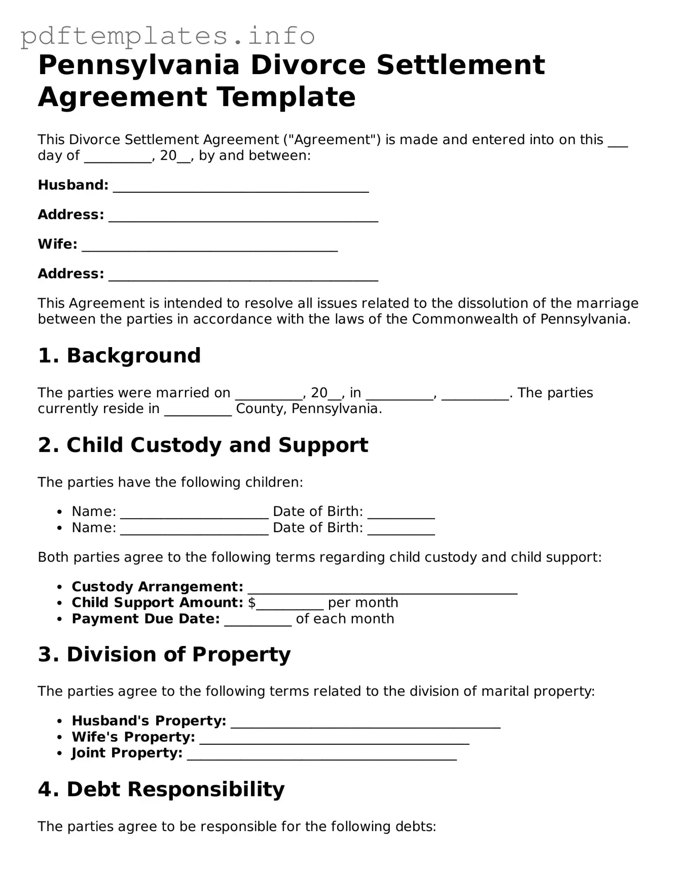 Blank Divorce Settlement Agreement Form for Pennsylvania State