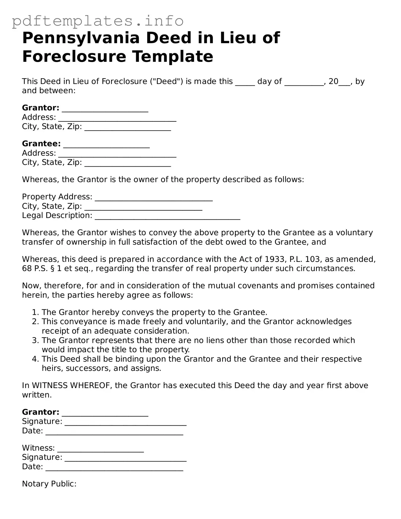 Blank Deed in Lieu of Foreclosure Form for Pennsylvania State