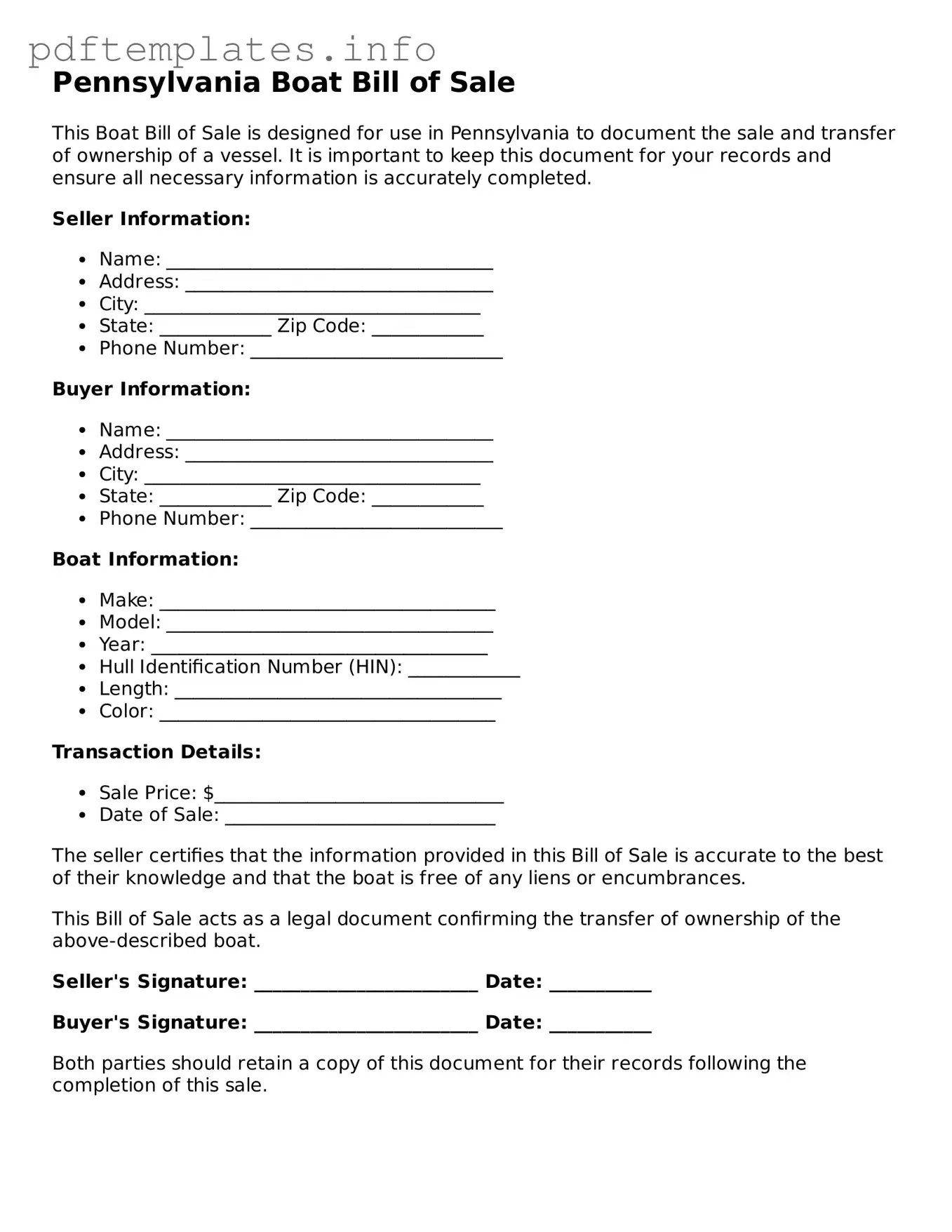 Blank Boat Bill of Sale Form for Pennsylvania State