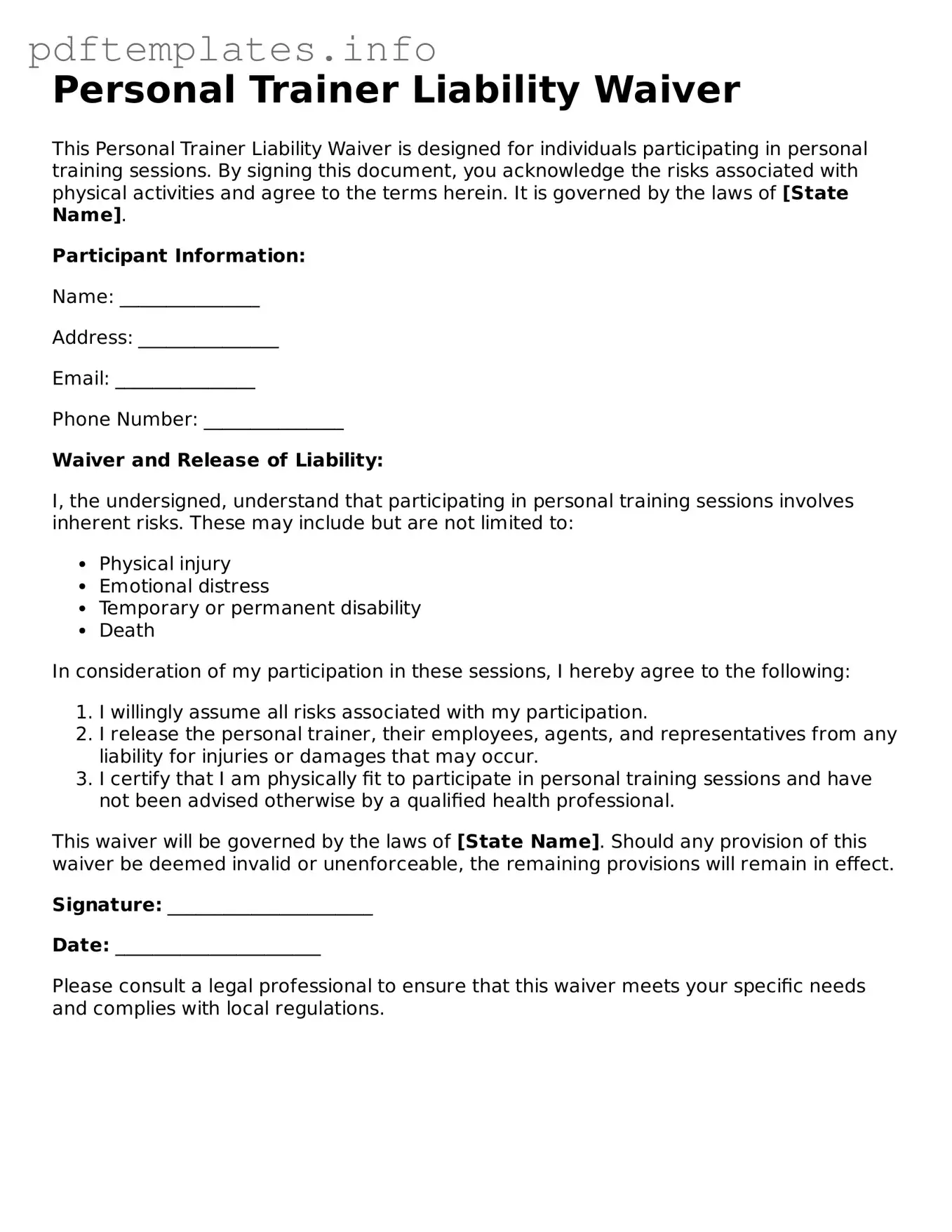 Printable Personal Trainer Liability Waiver Form