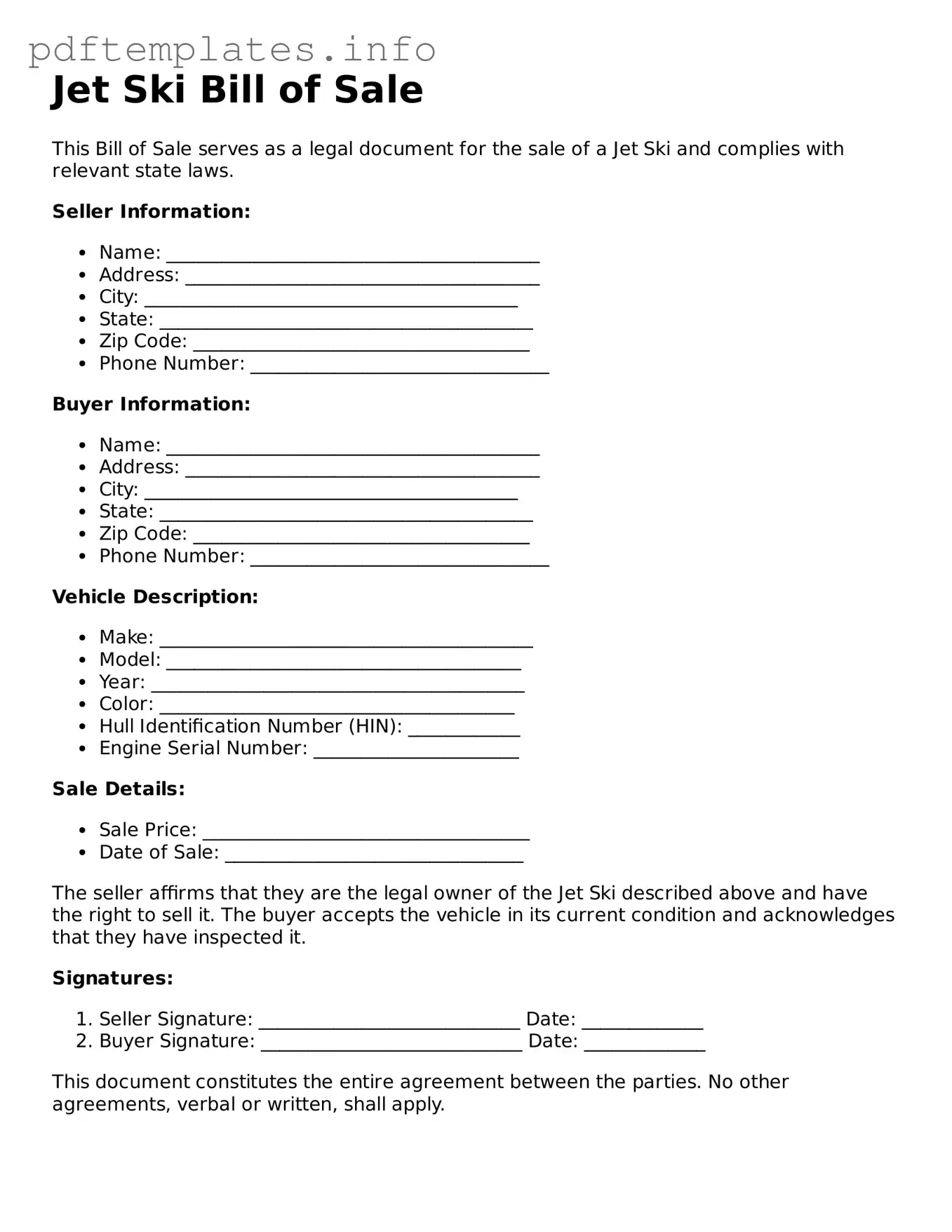 Printable Jet Ski Bill of Sale Form