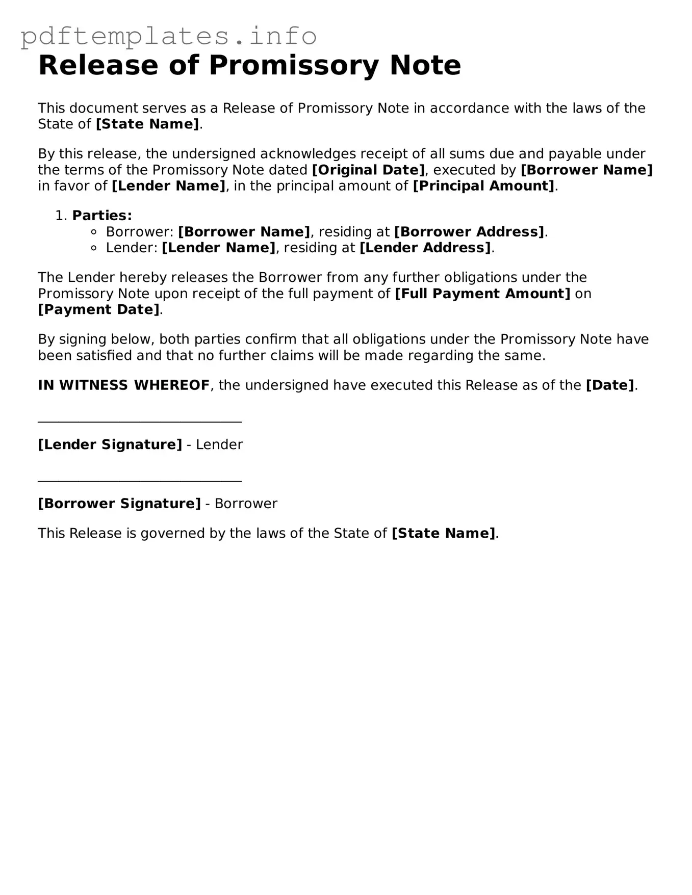 Printable Release of Promissory Note Form