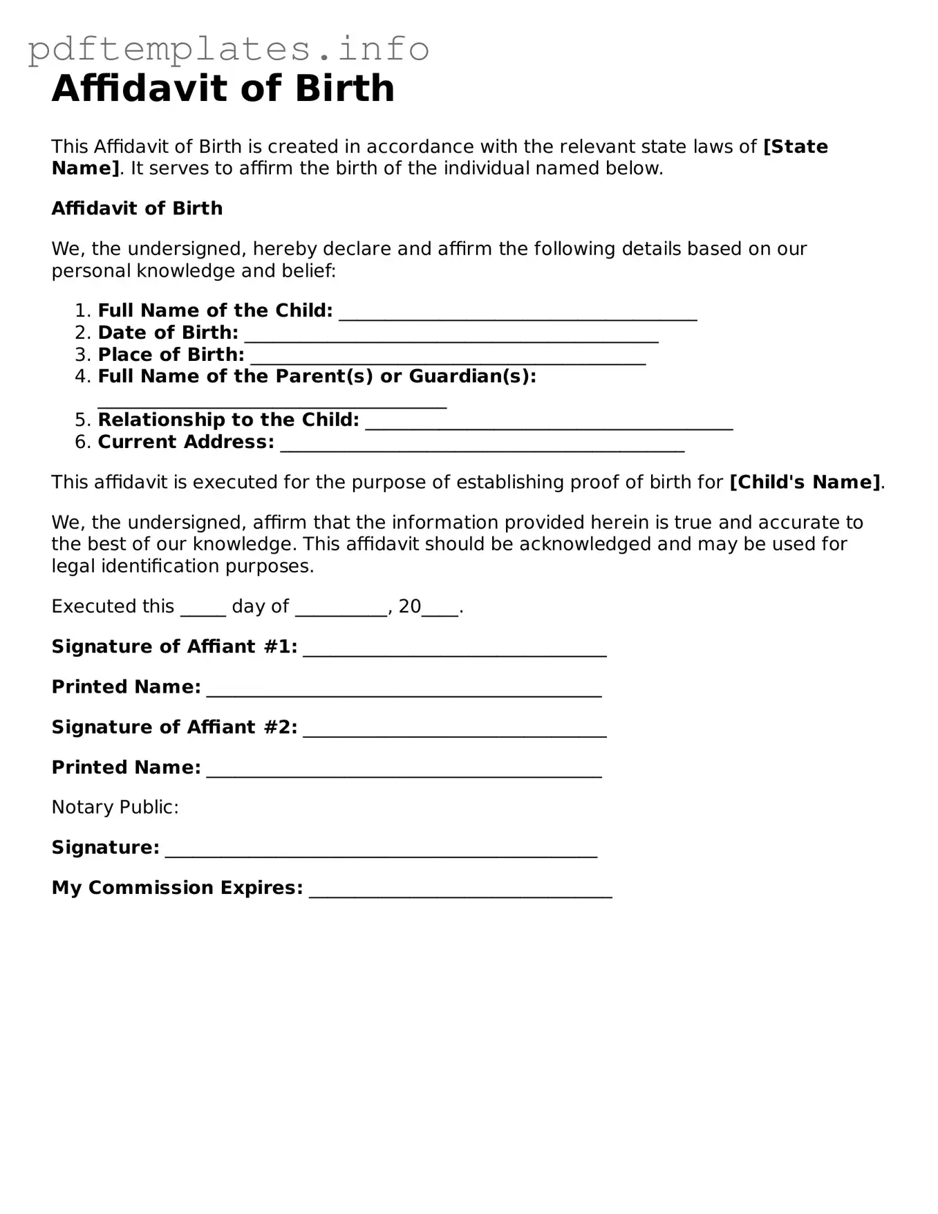 Printable Affidavit of Birth Form