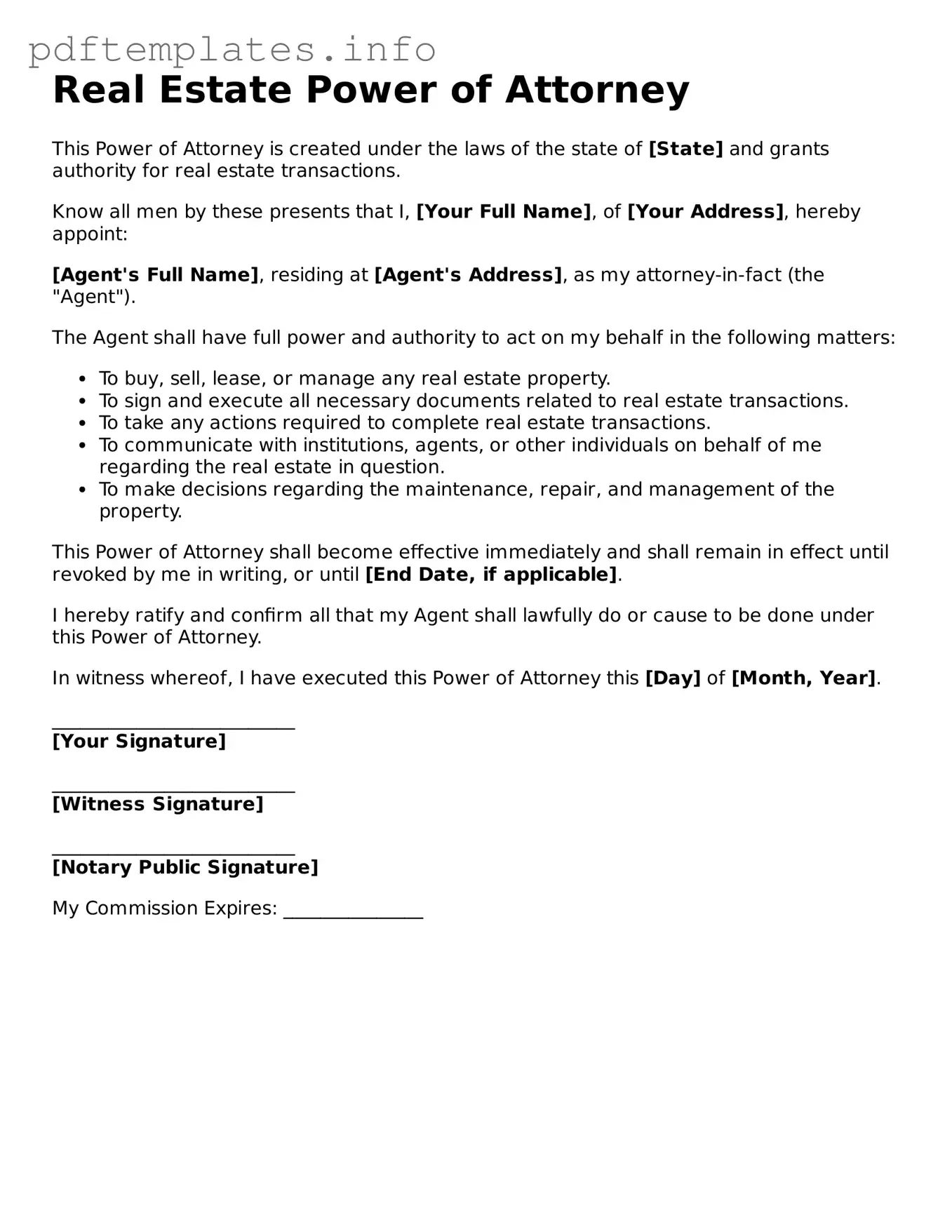 Printable Real Estate Power of Attorney Form