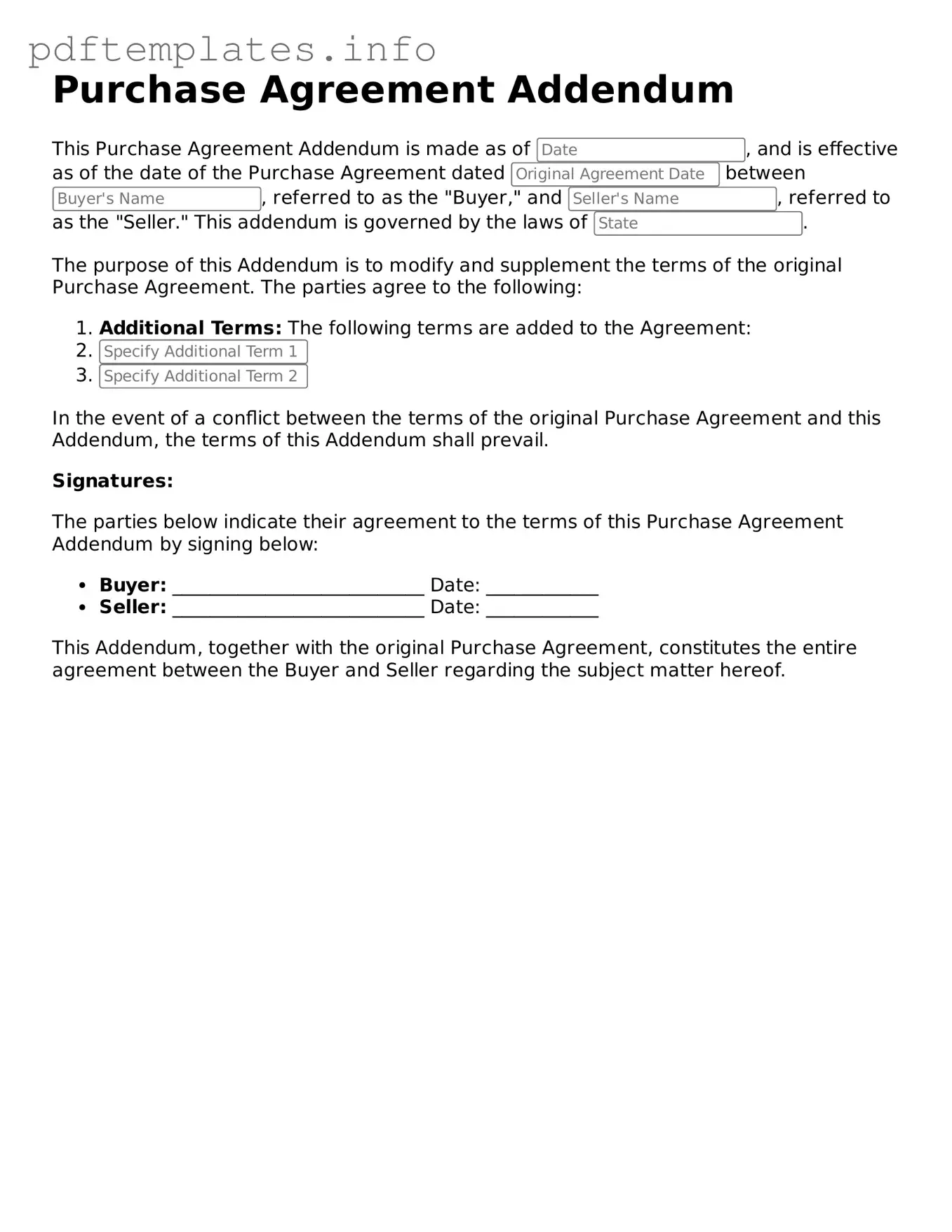 Printable Purchase Agreement Addendum Form