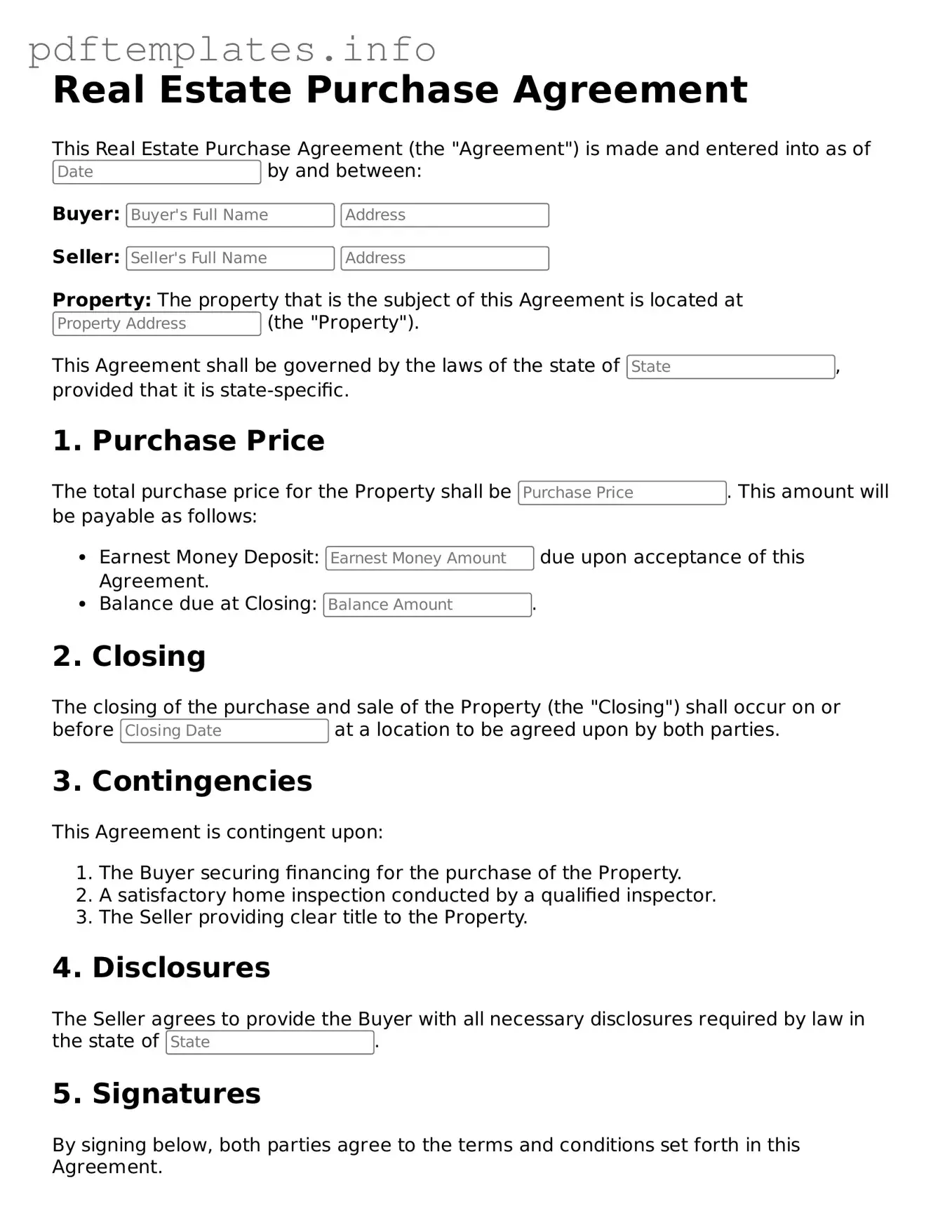 Printable Real Estate Purchase Agreement Form