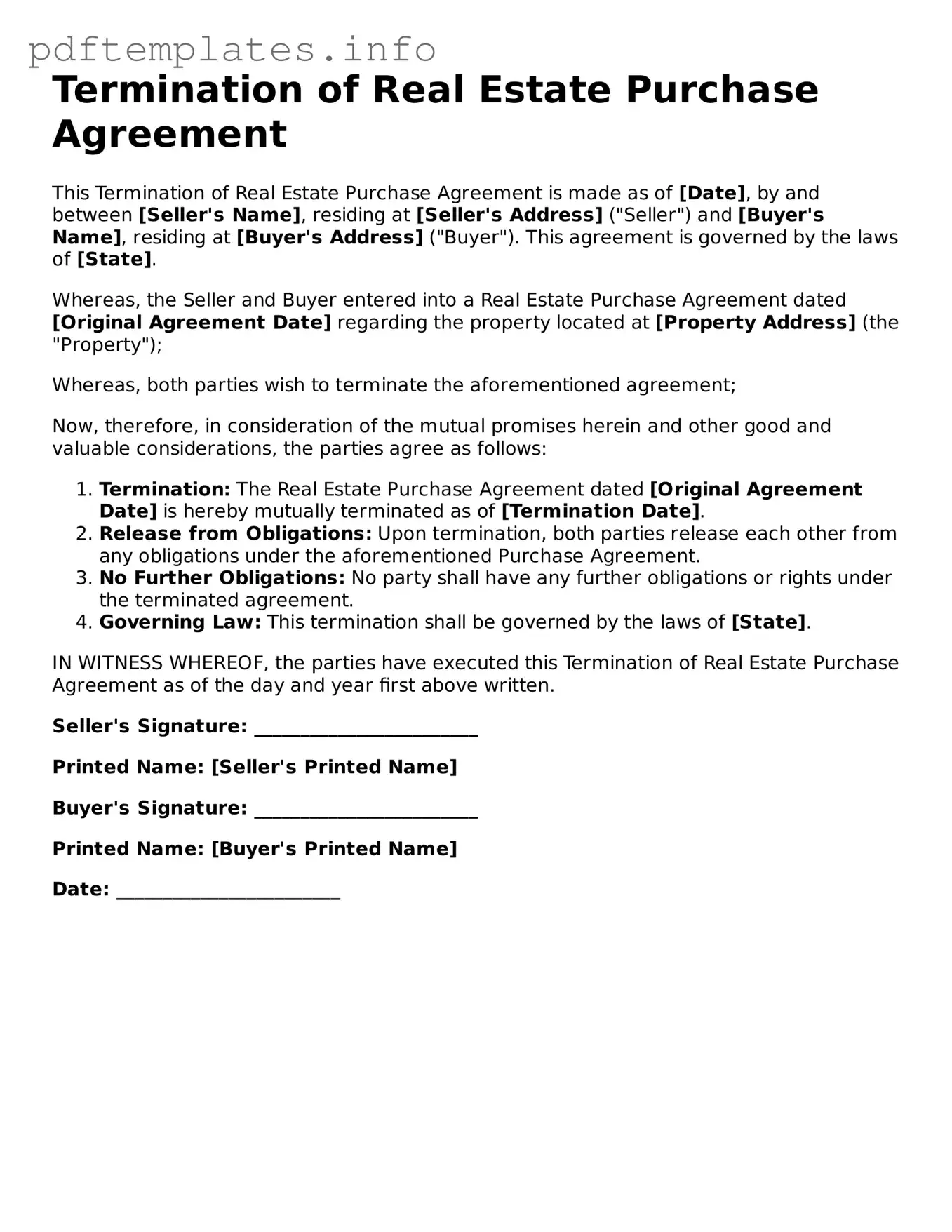 Printable Termination of Real Estate Purchase Agreement Form