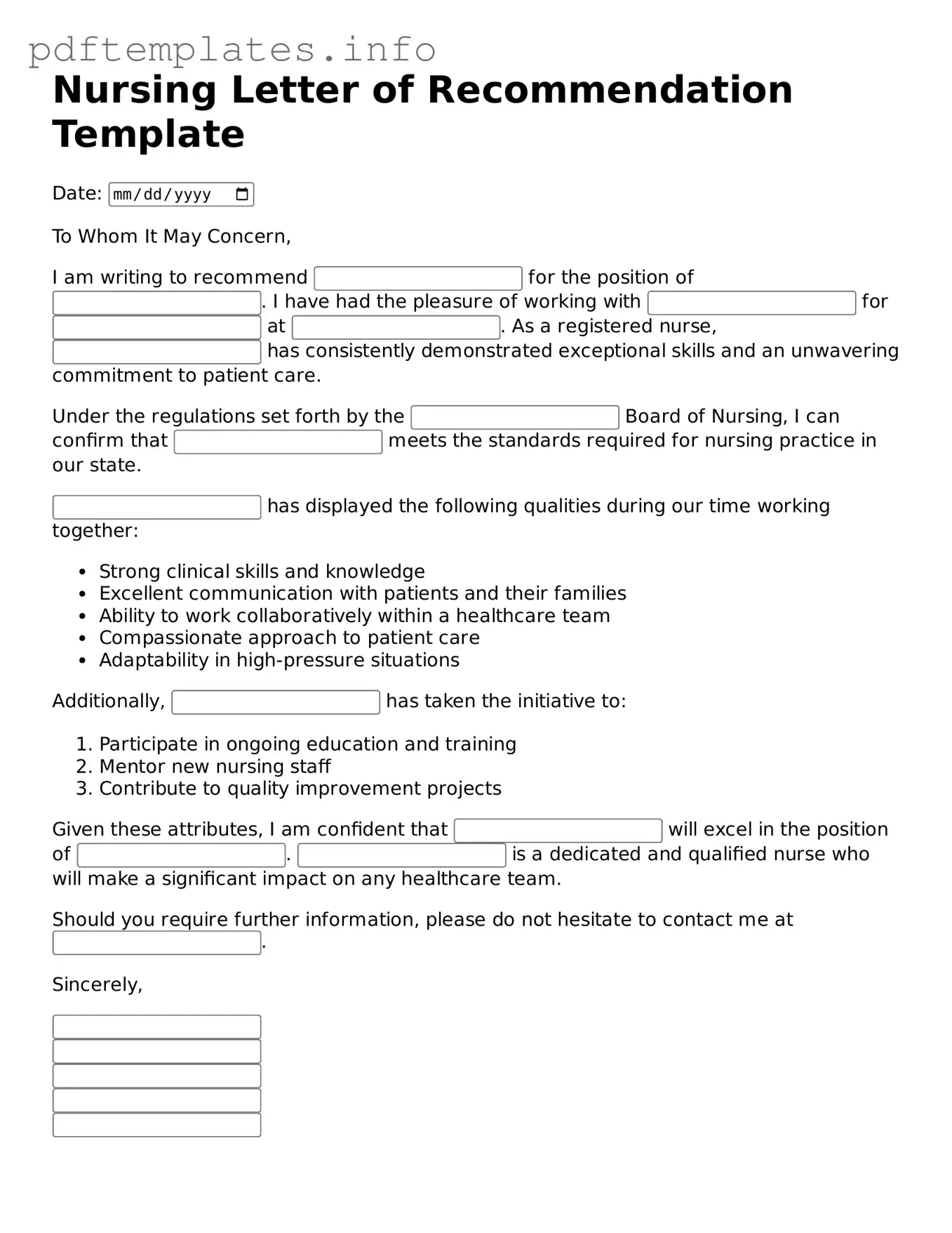 Printable Nursing Letter of Recommendation Form