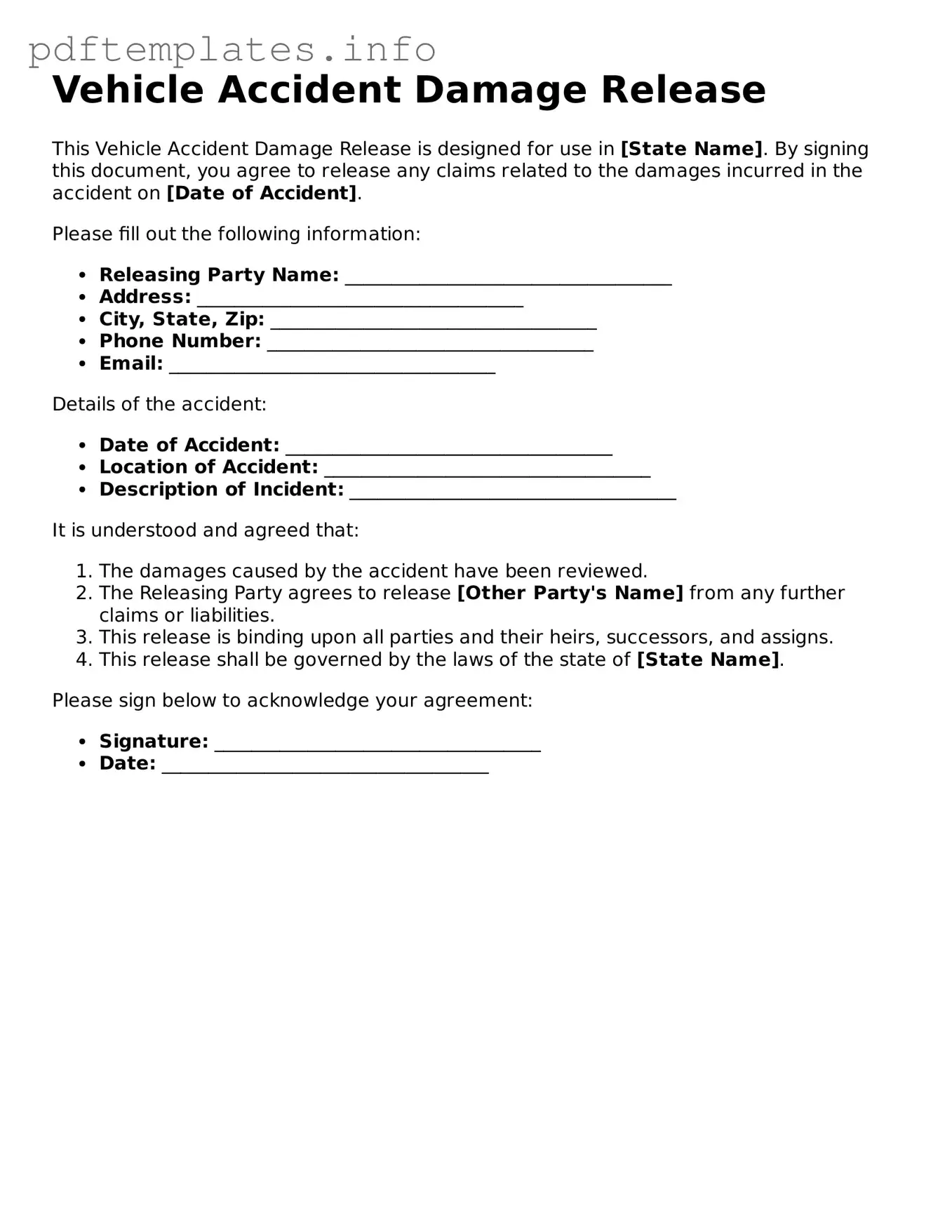 Printable Vehicle Accident Damage Release Form