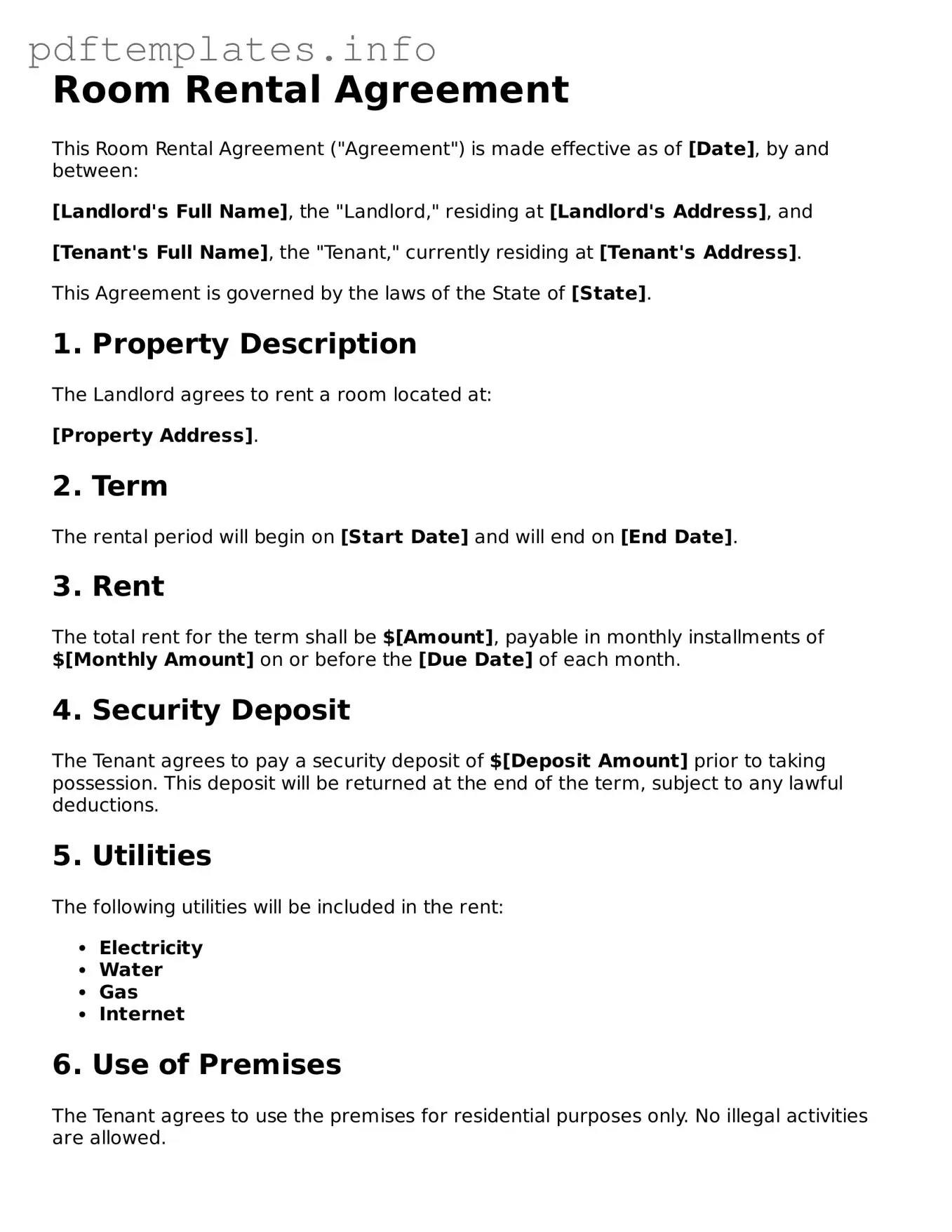 Printable Room Rental Agreement Form