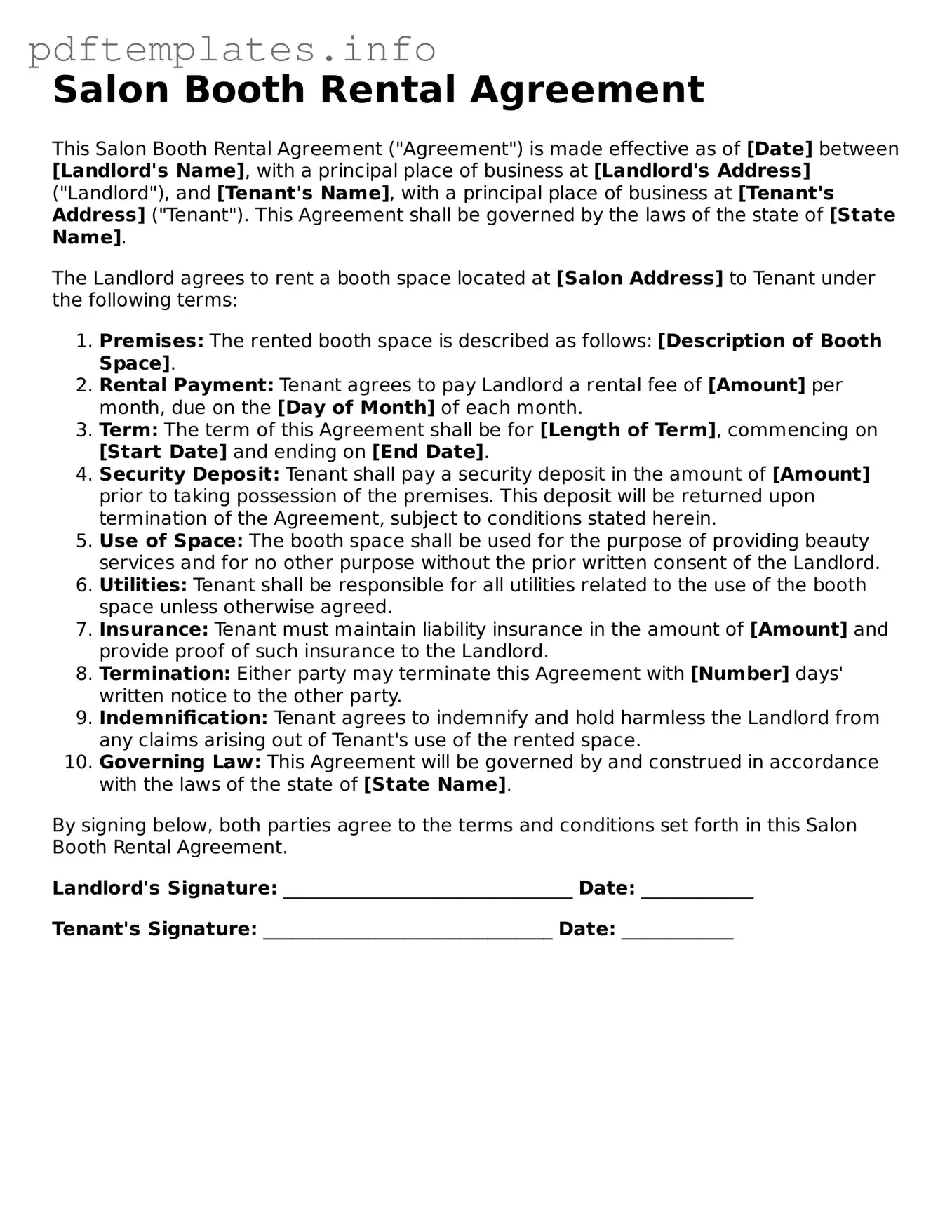 Printable Salon Booth Rental Agreement Form
