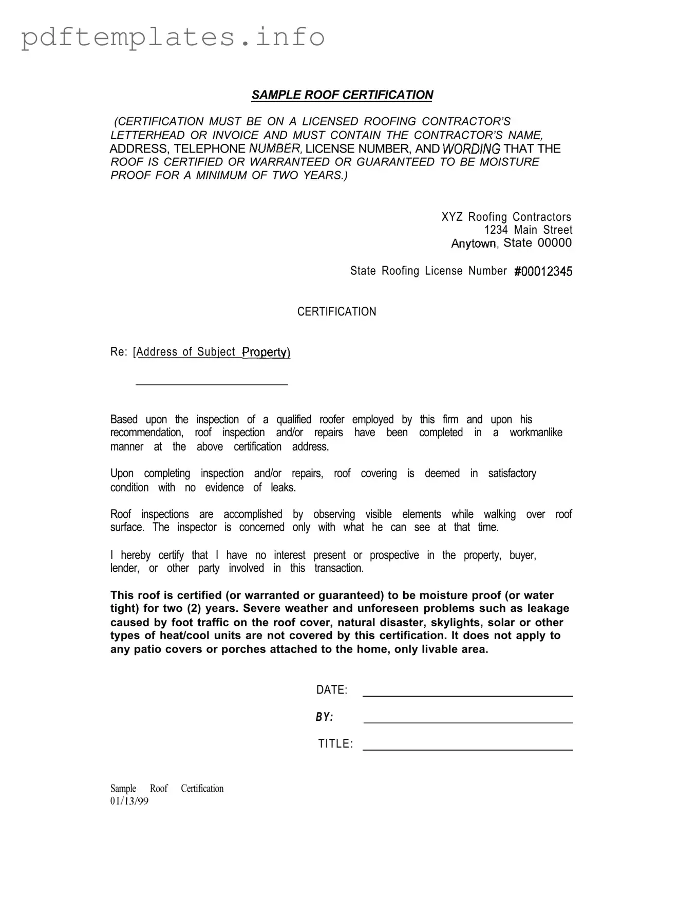 Fill Out a Valid Sample Roof Certification Form