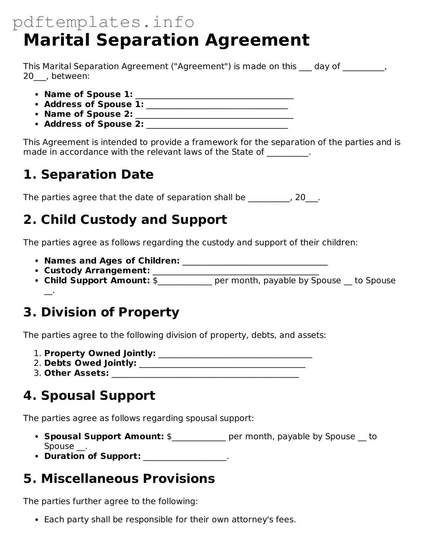 Printable Marital Separation Agreement Form