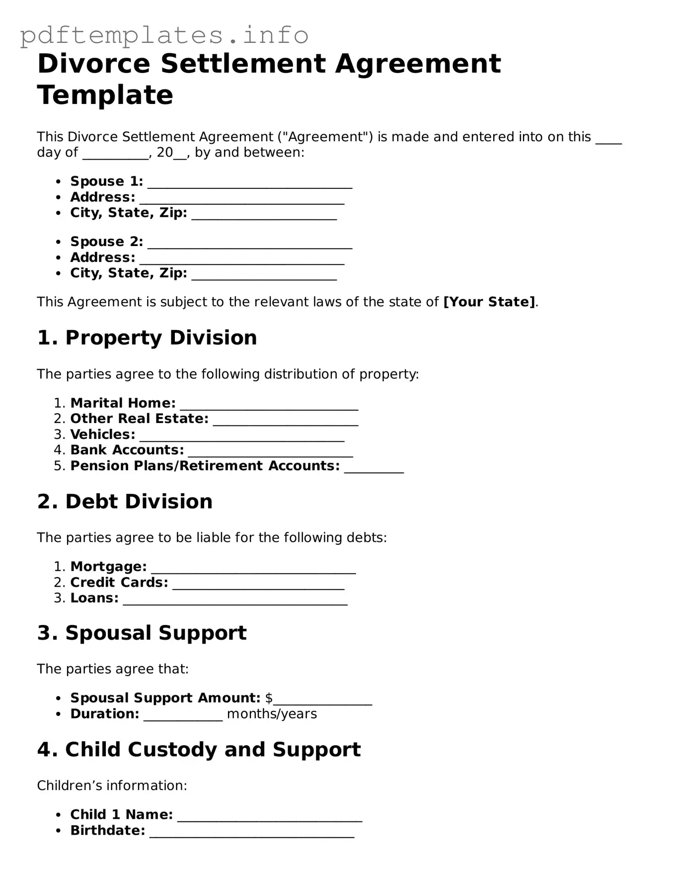 Printable Divorce Settlement Agreement Form