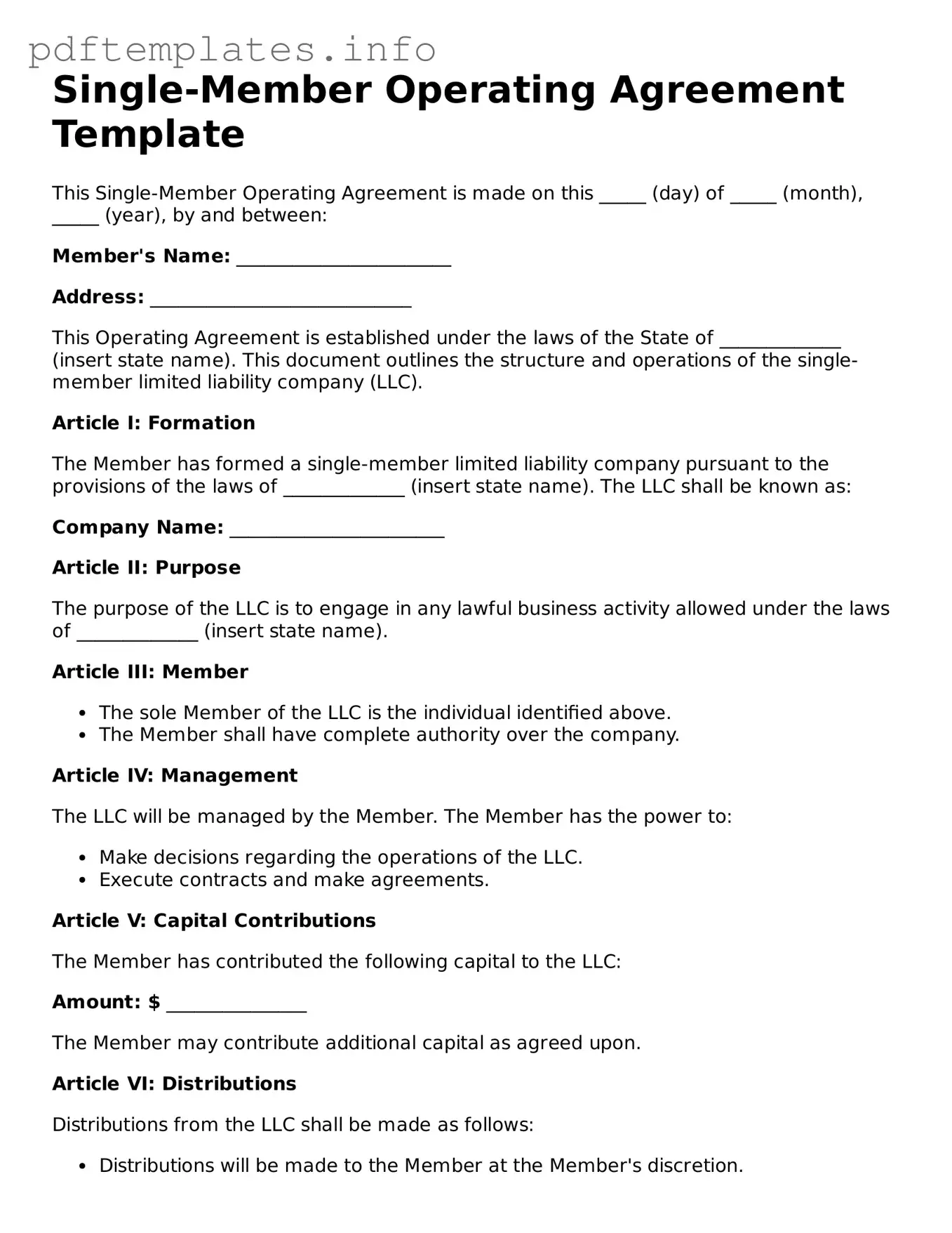 Printable Single-Member Operating Agreement Form