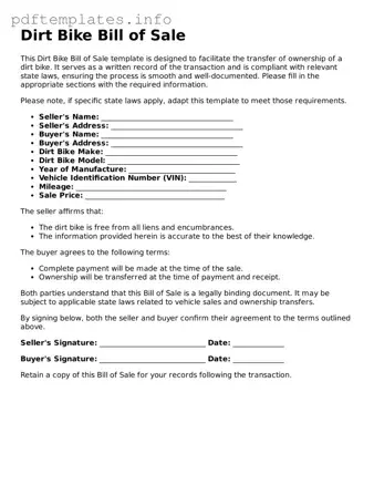 Printable Dirt Bike Bill of Sale Form
