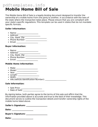 Printable Mobile Home Bill of Sale Form