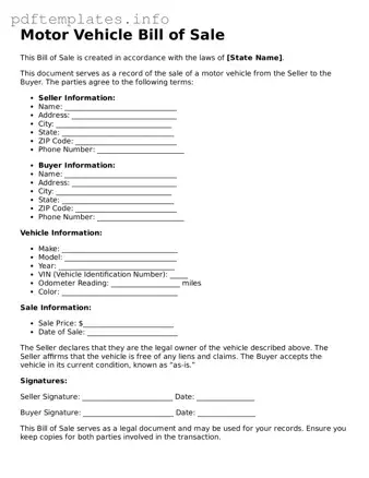 Printable Motor Vehicle Bill of Sale Form