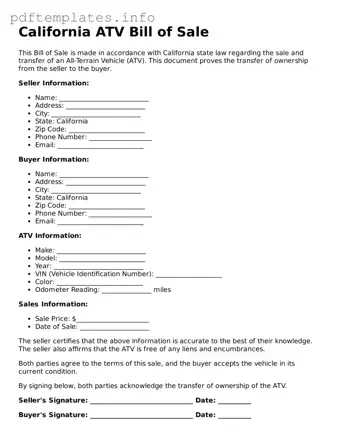 Blank ATV Bill of Sale Form for California State