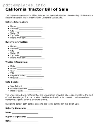 Blank Tractor Bill of Sale Form for California State
