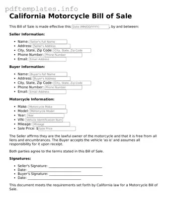 Blank Motorcycle Bill of Sale Form for California State