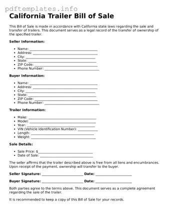 Blank Trailer Bill of Sale Form for California State
