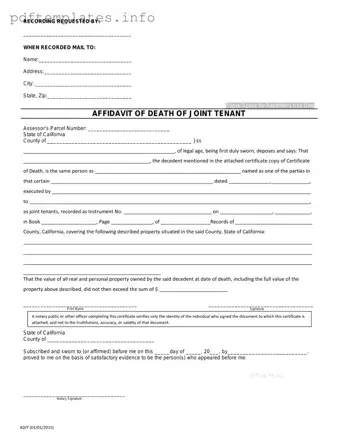 Fill Out a Valid California Death of a Joint Tenant Affidavit Form