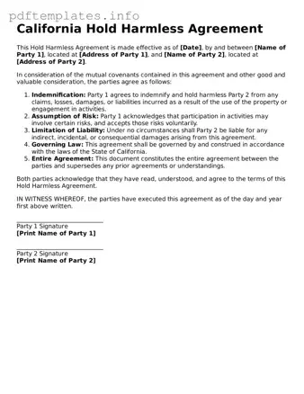 Blank Hold Harmless Agreement Form for California State