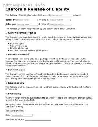 Blank Release of Liability Form for California State