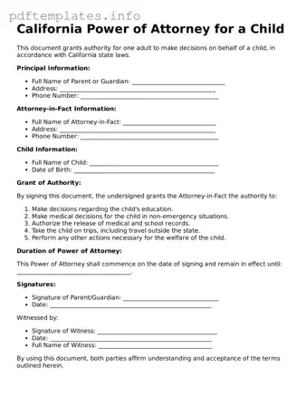 Blank Power of Attorney for a Child Form for California State
