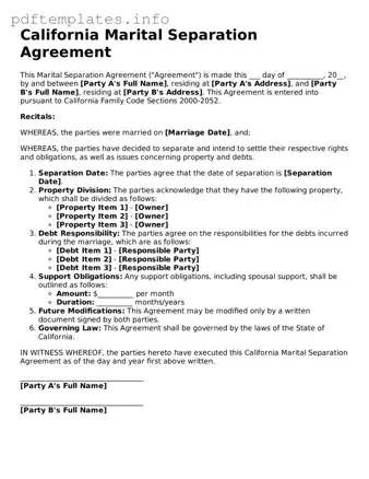 Blank Marital Separation Agreement Form for California State